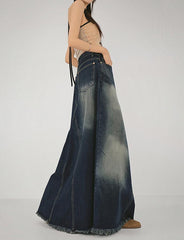 Vintage Wash Style Frayed Trim Denim Skirt