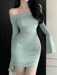 Asymmetrical Flounce Sleeve Bodycon Mint Dress