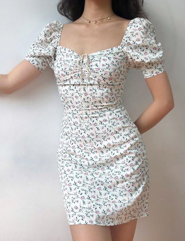 Puff-sleeved Necked Floral Tie Mini Dress