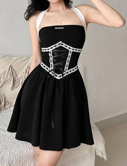 Chain Decor Contrast Tape Patched Cami Dress