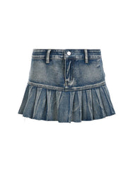 Low Rise   Washed Distressed Mini Denim Pleated Skirt