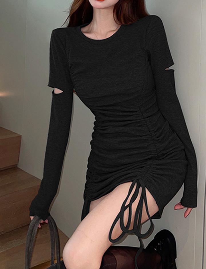 Black Long Sleeve Hem Short Drawstring Slim Bodycon Dress