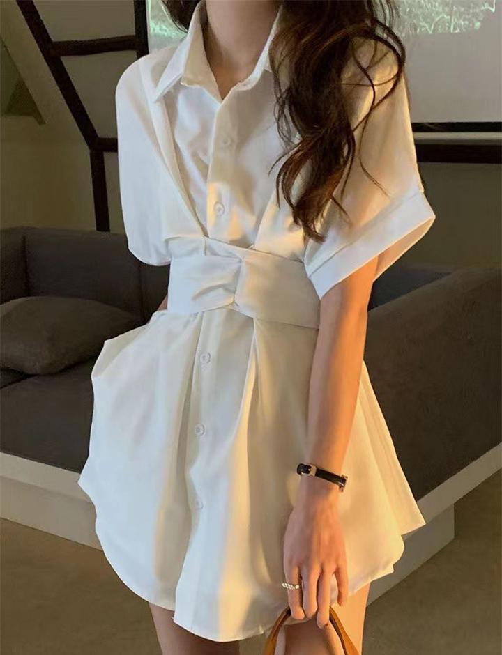 Loose Waist Tie Bow Casual Short Dress For