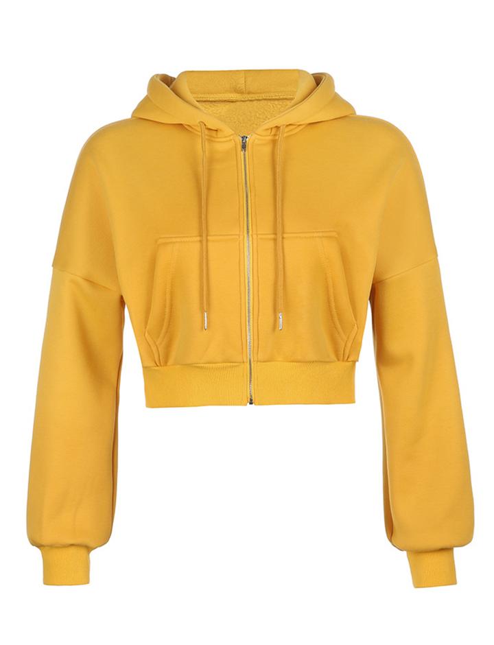 Casual Simple Hooded Cropped Zipper Jacket For