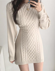 Solid Color Twist Slim Knit Casual Beige Bodycon Dress