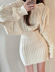 Hooded Knit Twist High Waist Skirt Set