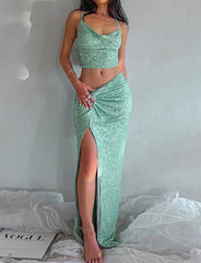 Sequins Camisole and High Slit Midi Skirt Co ord Set