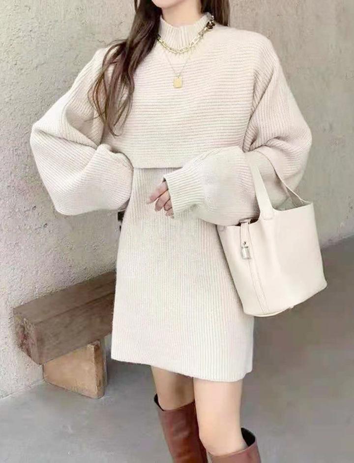 Lantern Sleeve Pullover Mock Neck Shawl Knit Two-Piece Dress