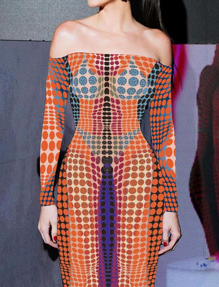 Geometric 3D Printed Neck Long Sleeve Slim Long Dress