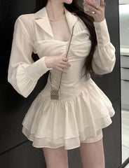 Square Neck Pleated Neck Party White Shirt Short Dress