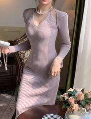 Slim Fit Hip Knee Mid Length Knit Dress