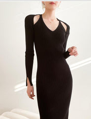 Slim Fit Hip Knee Mid Length Knit Dress