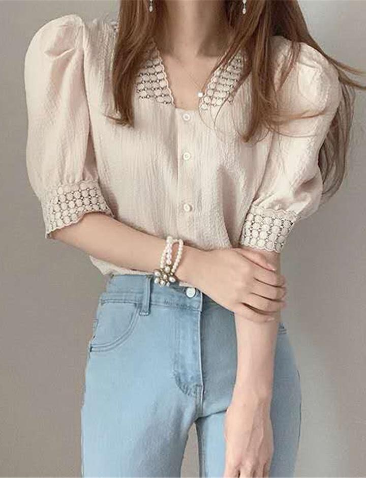 Vintage V-neck Peated Puff Sleeve Lace Shirt