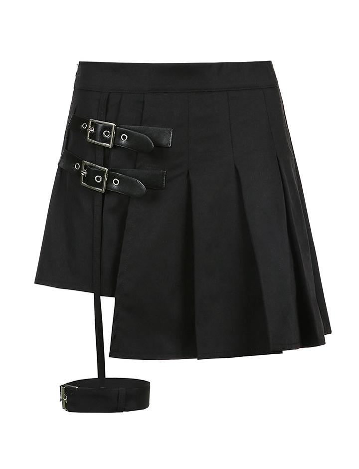 Buckle Decor Asymmetrical Pleated Skirt