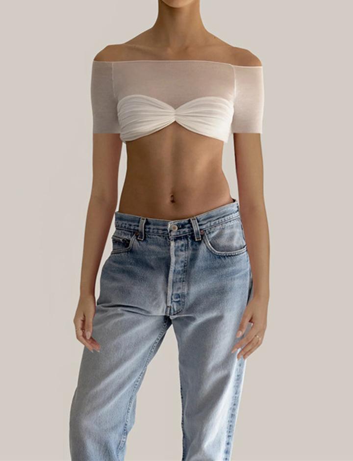 See-Through One-Shoulder Slim Short Navel T-Shirt