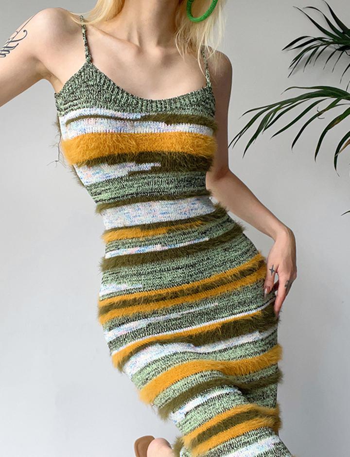 Contrast Color Striped Bodycon Knit Cami Midi Dress