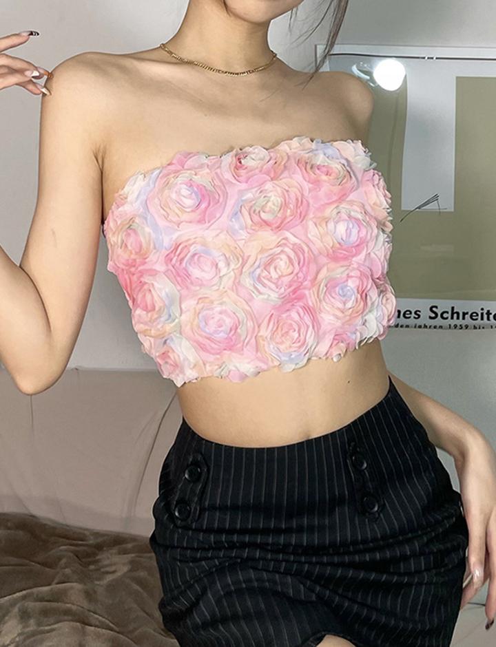 Open Back Cropped Slim Floral Pink Camisole For