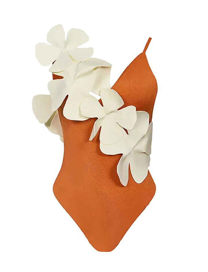 Flower Embellished Slim Swimsuit with Straps For