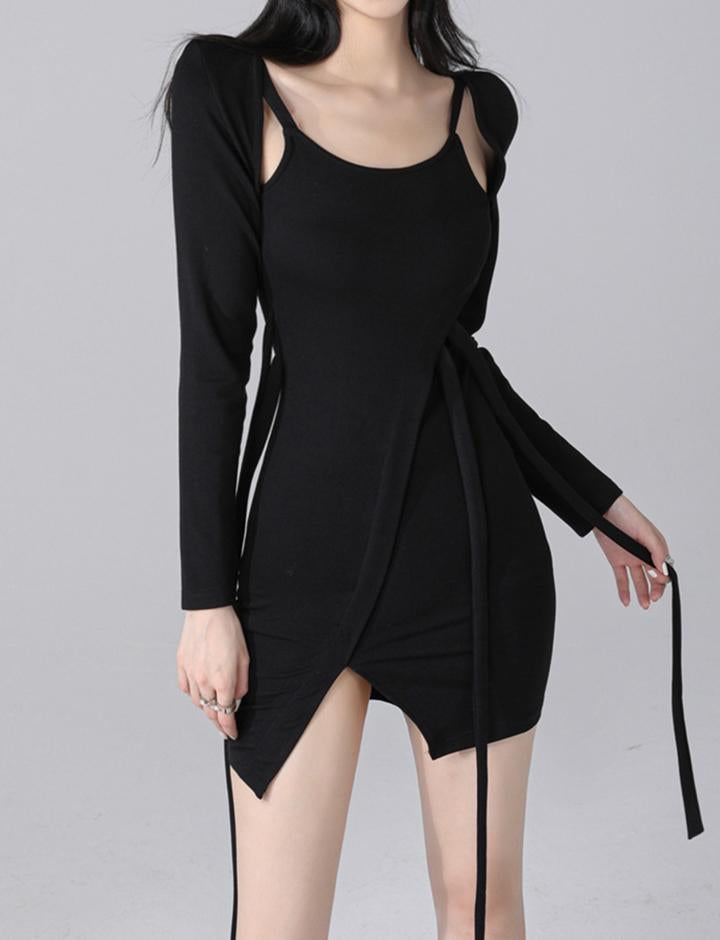 Long Sleeve High Waist Slit Fake Two Piece   Dress