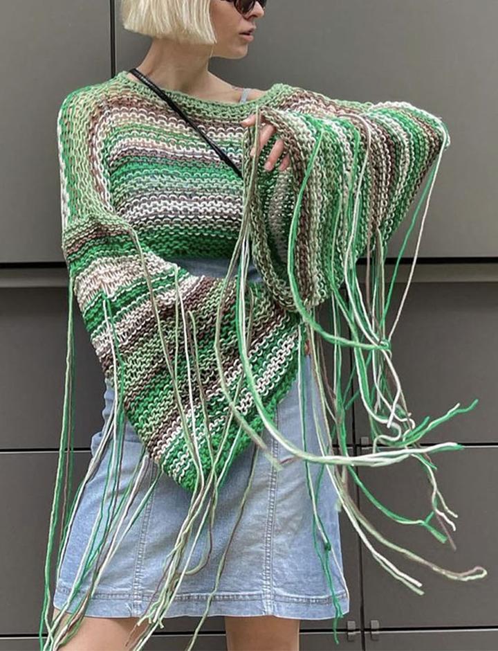 Colorful Fringe Decor Crochet Crop Sweater