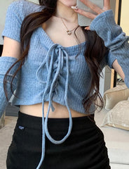 Blue Tie-Front Sleeve Summer Going Out Crop Tops For