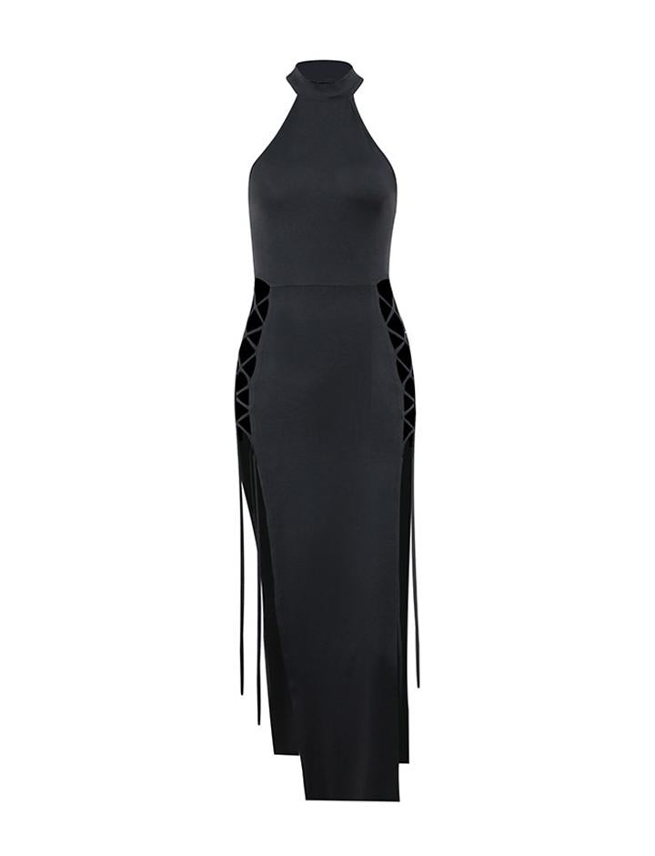 Black   Halter Neck Hollow Double Slit Dress  For