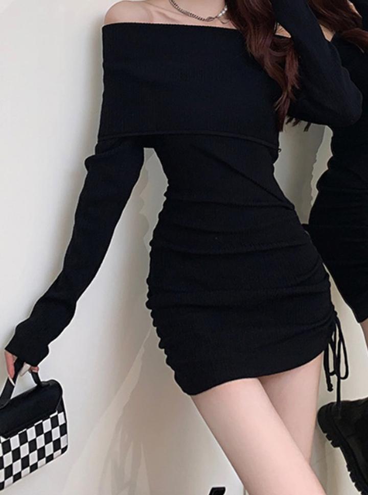 One Shoulder Drawstring Pleated Long Sleeve Bodycon Dress