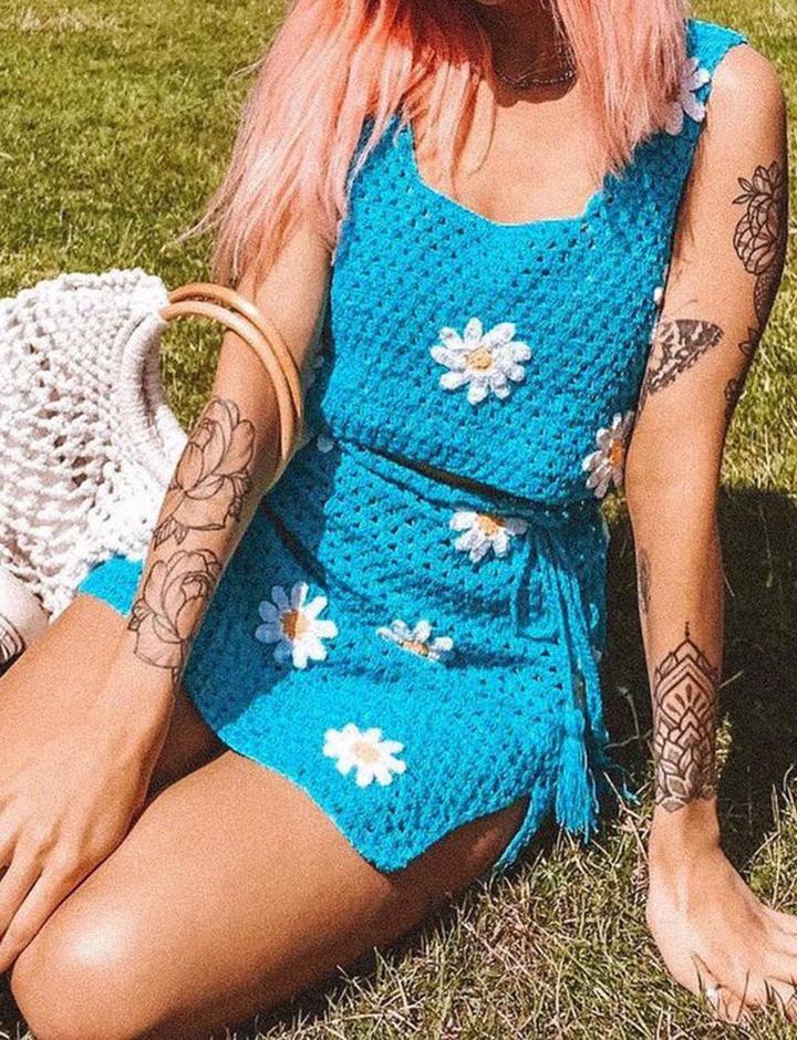 Colorful Flower Crochet Tank Top and Mini Skirt Co ord Set