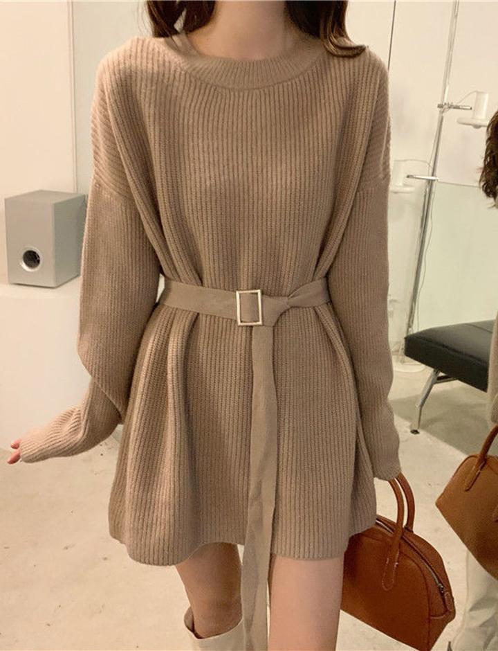 Crew-neck Baggy Belt Knit Dress