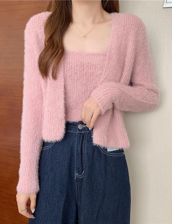 knitted Cardigan Coat Small Suspenders Two Piece Set