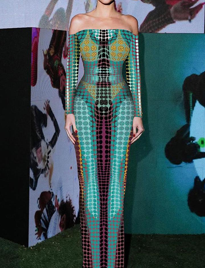 Geometric 3D Printed Neck Long Sleeve Slim Long Dress