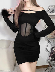 Slim-fitting   One-line Neck   Black Dress