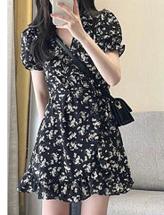 Black Sweet Desire Floral Puff Sleeve Waist Design Dress