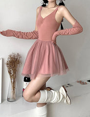 Ballet Mesh Patched Pleated Cami Dress With Long Sleeve Cardigan