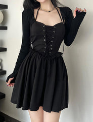 Waist Tie Long Sleeve Lace-Up Two-Piece Halter Black Dress