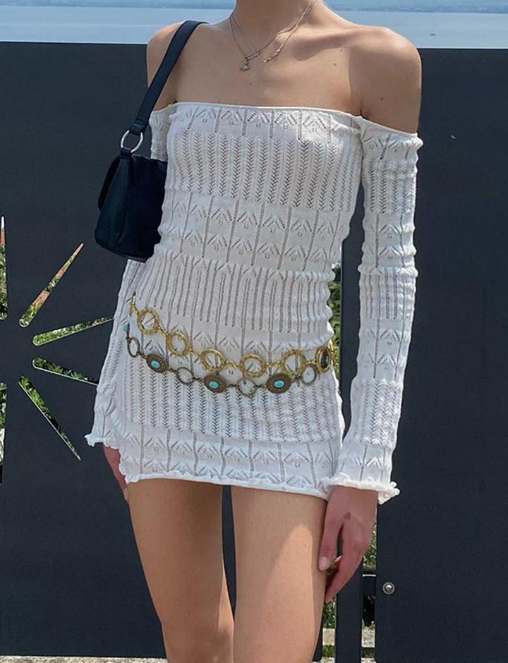 Off Shoulder Hollow Out Crochet Mini Dress