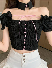 Off Shoulder Ruched Bowknot Crop Top with Bow Tie