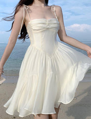 Knot Shoulder A-line Corset Summer White Prom Dresses