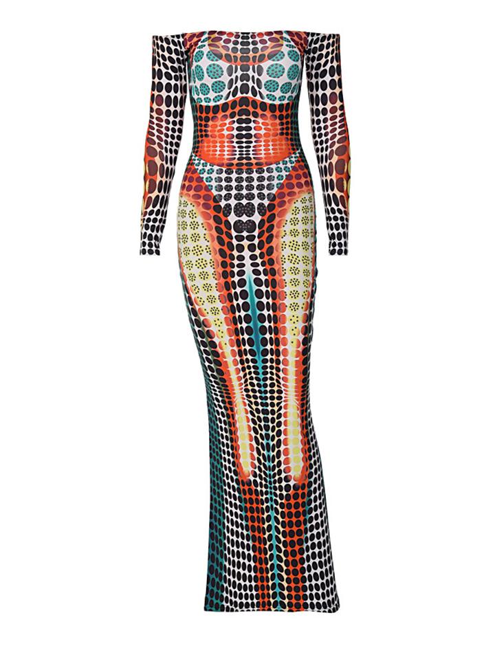 Geometric 3D Printed Neck Long Sleeve Slim Long Dress