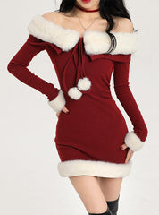 Knitted Christmas Dress with Lambswool Collar