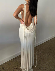 Solid Color Knot Shoulder Backless Maxi Dress