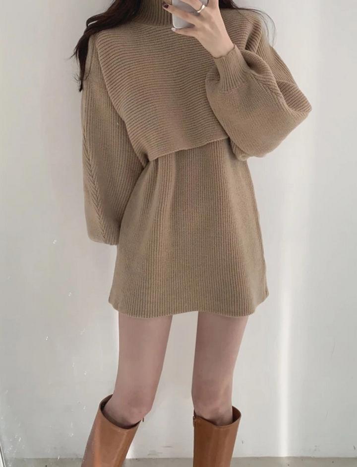 Lantern Sleeve Pullover Mock Neck Shawl Knit Two-Piece Dress