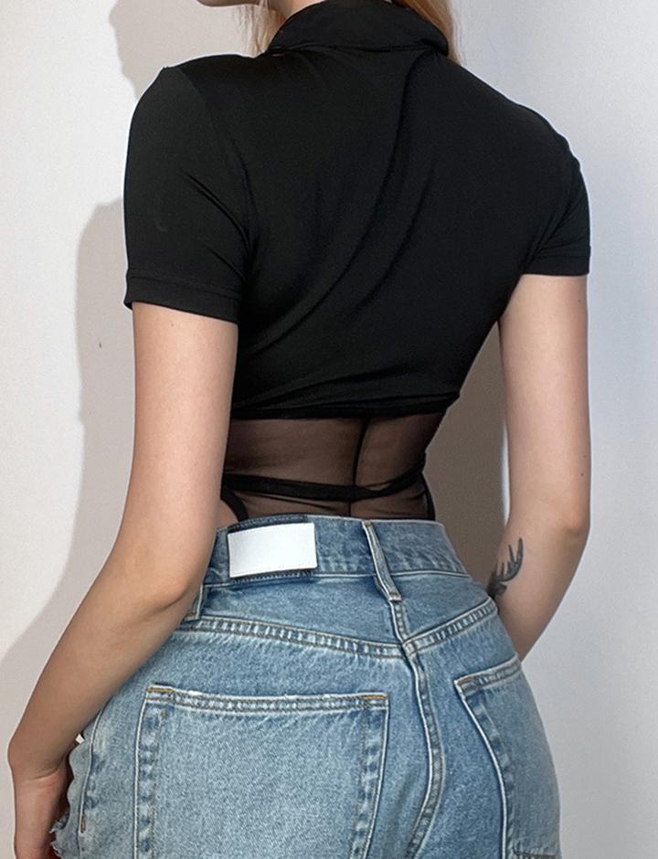 POLO Neck Zipper Embroidered Mesh Slim Bodysuit
