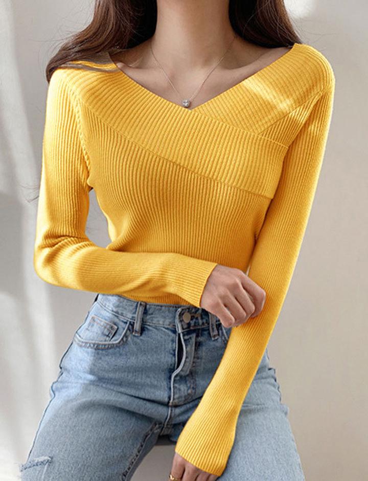 Knitted Off-shoulder Slim V-neck One-shoulder Sweater