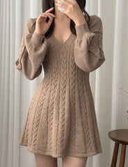 Balloon Sleeves V-Neck Braid-Knit Mini Dress