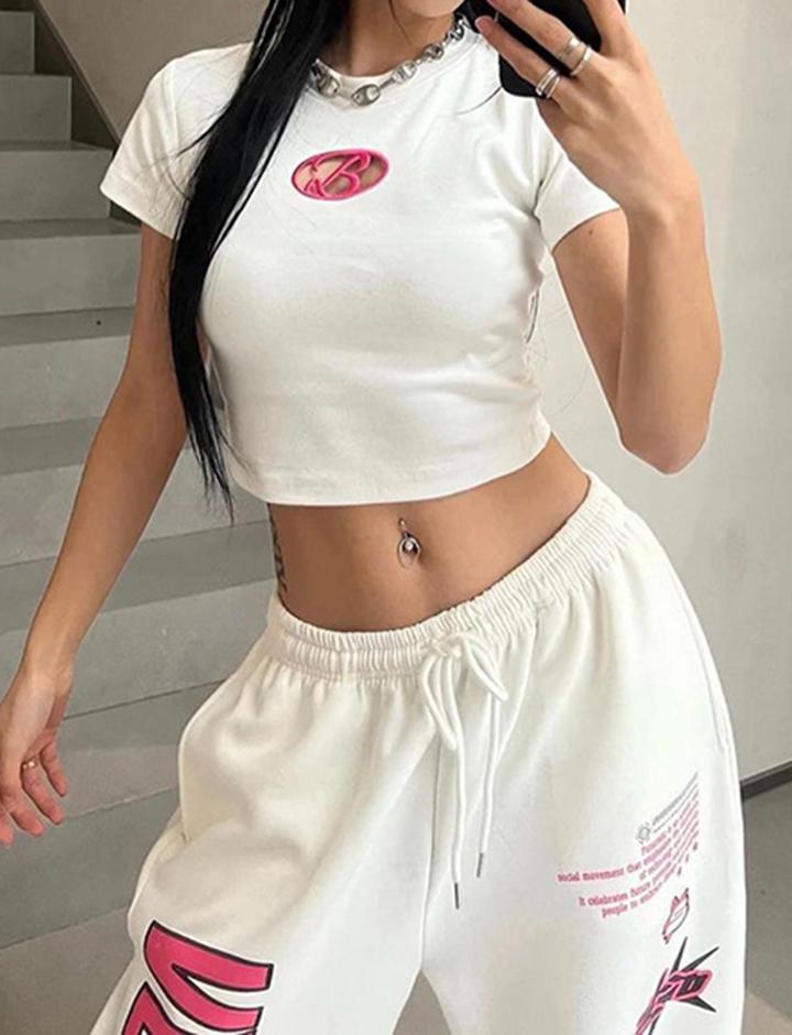 Embroidered CutOut Cropped Sshort-sleeved T-shirt