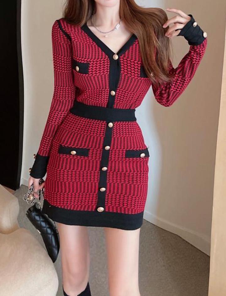 Retro Red Knitted Cardigan Slim Skirt Two-Piece Set