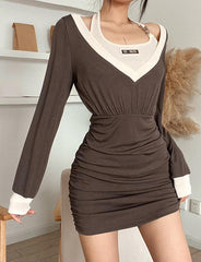 Halterneck Long Sleeve Brown Knit Short Dress