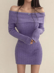 One-shoulder   Slim Long-sleeved Knitted Dress