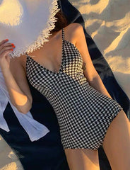 Houndstooth V-Neck Strappy One-Piece Swimsuit
